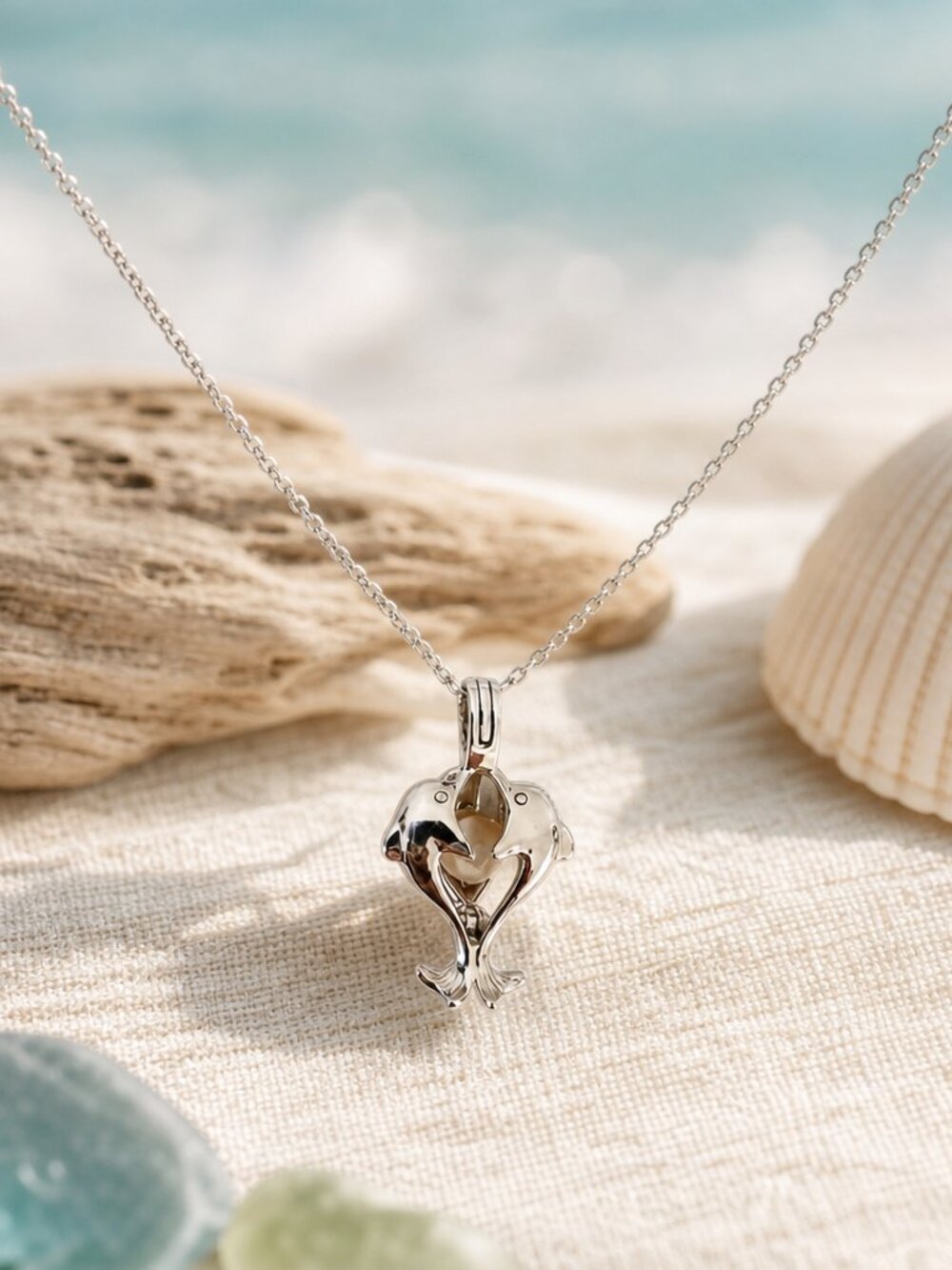 Sterling Silver 925 Dolphin & Pink Pearl Pendant Necklace NWOT